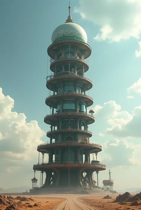 bird view , A round tower with 13 levels rises into the clouds, the levels become smaller from bottom to top and are protected by glass domes and are offset. Steampunk. The tower stands in the middle of a lifeless wasteland.