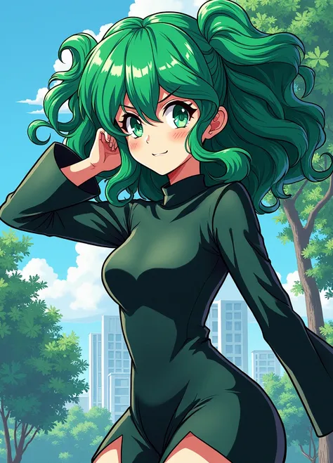 Tatsumaki is a petite woman, commonly mistaken for being much younger than she really is. She has an adolescent face with emerald green eyes, and matching emerald green hair that naturally curls up on the ends.[7] She wears a form-fitting V-neck black dres...