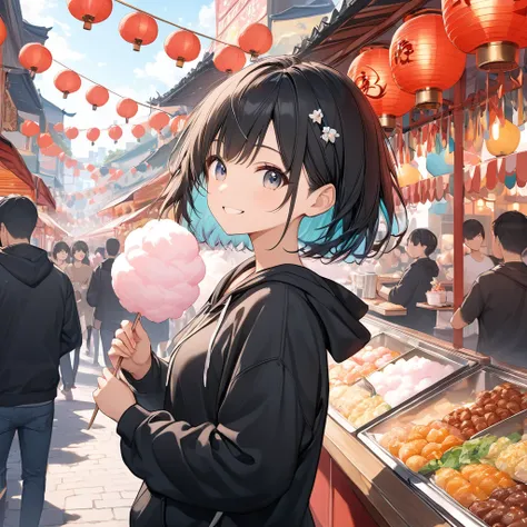 anime、((Amazingly absurd)),(masterpiece:1.2),超High resolution, Attention to detail, high quality, High resolution, 最high quality, 4K, 8k、A girl holding a cotton candy、White cotton candy、smile、Festivals、Lots of food stalls、red lantern、Hope is the theme、Side...