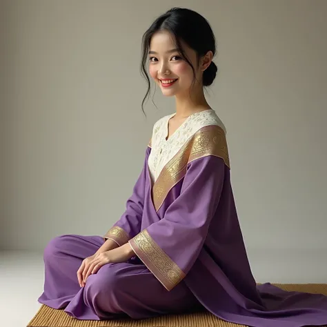 Burmese young woman in knotted hair, wearing violet and white lacy blouse and trendy gold purple female longyi casual Myanmar dress, slightly smile, sitting on a mat in side saddle pose, soft gradient background . photorealistic, hyper detailed, light and ...