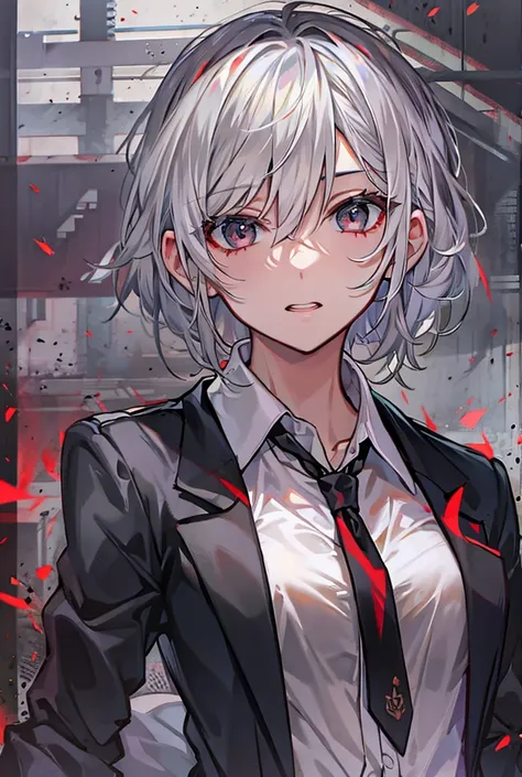 Textured skin, Highest quality, Shortcuts, Silver Hair, Grey Eyes, female,Wet Hair, Three white eyes, Medium Hair, Character portrait, Anime Style,Black Shirt,Black Suit,Unbuttoning,Red tie,Beige vest,Glare