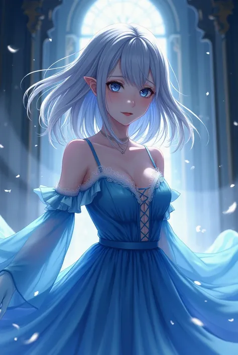 A woman with shoulder-length gray hair that is loose, wearing a blue-white gradient party dress, but looks mysterious. Anime