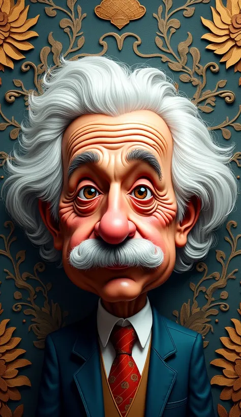 Incredibly creative painting concept drawn in a comic style, exaggerated facial expressions of Albert Einstein, intricate symbols representing national culture and history, elegantly carved, high contrast, clean lines, ultra-thin, digital rendering