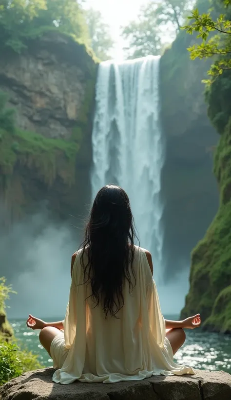 A serene photo of a beautiful woman with long black hair, sitting cross-legged in meditation. She is dressed in a flowing white garment that gently drapes around her. The background showcases a majestic waterfall cascading down a lush green cliff. Soft sun...