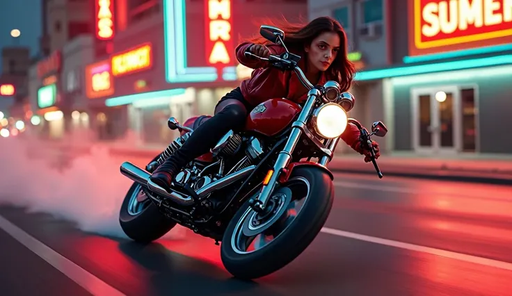 "Amber, with long brown-black straight hair flowing, turns her sleek motorcycle with effortless style on the vintage Las Vegas street. She leans into the turn, showcasing her skill and control, the red leather jacket hugging her form as she maneuvers the b...