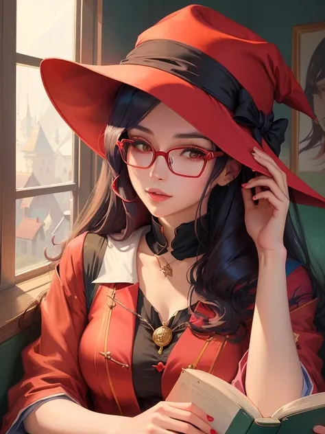 Anime-style image of a woman wearing a red hat and glasses reading a book, extremely detailed ArtJam, Young female wizard, ig model | ArtJam, style ArtJam, ArtJam and atey ghailan, Gweiz-style artwork, Beautiful Wizard, ArtJam. Anime illustration, Portrait...