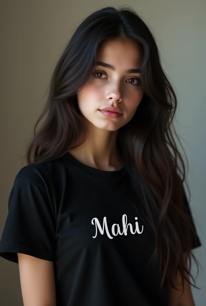  girl wearing black tshirt with their name mahi with long hair 