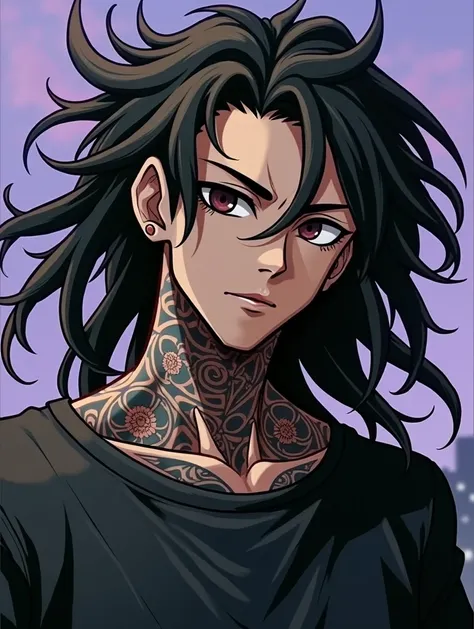 naughty man, casual clothes and cargo pants, Tattoos by the neck and arms, bangs between eyes, アニメ