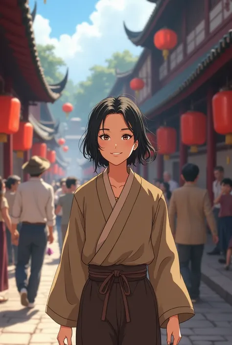 black hair, Song Dynasty, China, on the street，middle aged, girl，smile，brown clothing，Minor wrinkles，Anime style