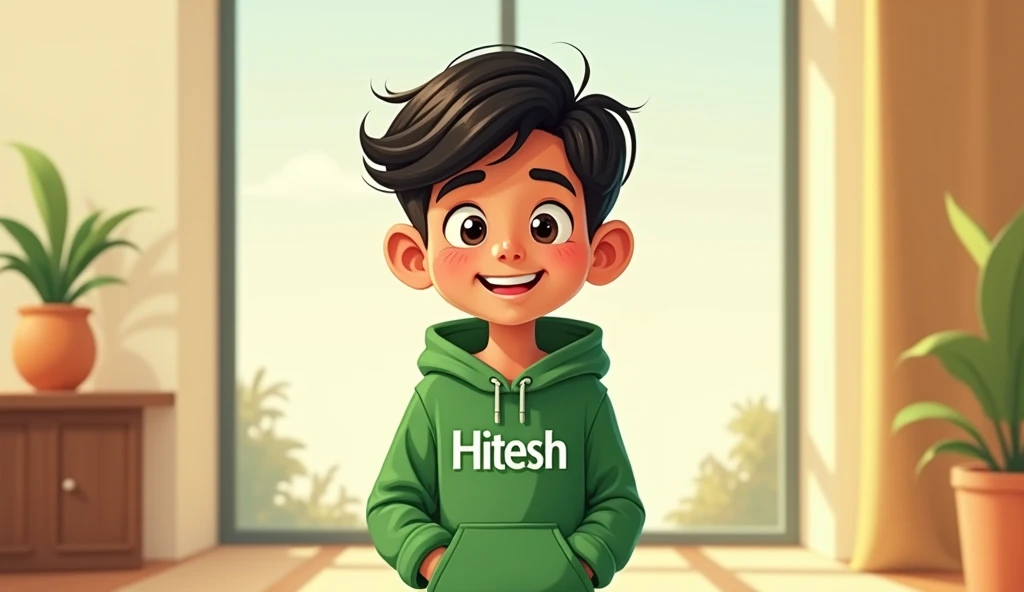 A 20 years young boy named Hitesh written on his green hoodie and he is looks like cartoon character. His is looking younger.