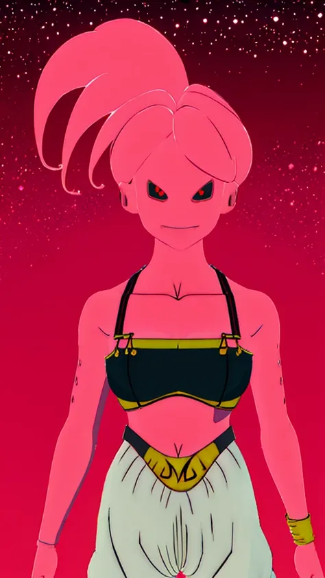 Fmajin,(pink skin:1.1),pink tentacle hair,smiling,(black sclera:1.2),red red eyes,tentacle hair,round ears,
baggypants,belt,black tube top,midriff,cleavage,bare shoulders,alien,M,shouler holes,
standing,no nose,
stars,space,milky way,
(insanely detailed, b...