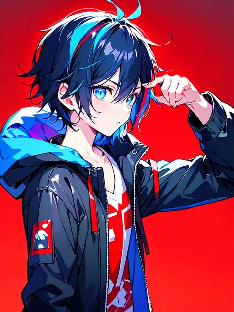 [(RED BACKGROUND:1.5),::5], ((((masterpiece)))), high quality, ultra very high resolution, full color, (((solo))), ((little boy)), BLACK short hair, ((Blue streaked hair)), (oriental deepblue eyes), anime, ((upper body)), Summer clothes, neon light, black ...