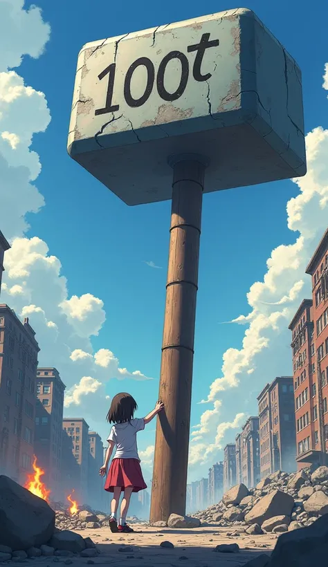 A hammer as big as a skyscraper, with "100t" written on the hammer, a city destroyed by the hammer, girl holding a hammer, rubble, flames, in anime manga style illustration