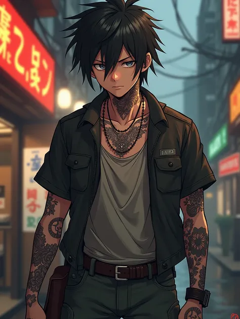 naughty man, casual clothes and cargo pants, Tattoos by the neck and arms, bangs between eyes, アニメ, cloused mouth, tired expression