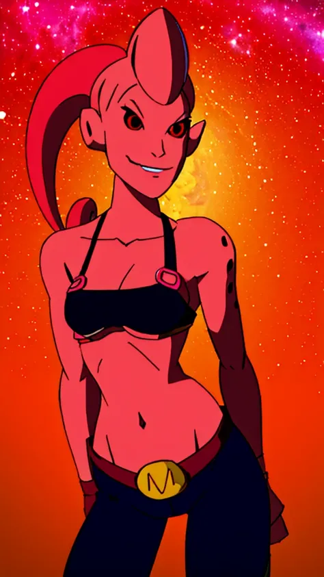 Fmajin,(pink skin:1.1),pink tentacle hair,smiling,(black sclera:1.2),red red eyes,tentacle hair,round ears,
baggypants,belt,black tube top,midriff,cleavage,bare shoulders,alien,M,shouler holes,
standing,no nose,
stars,space,milky way,
(insanely detailed, b...