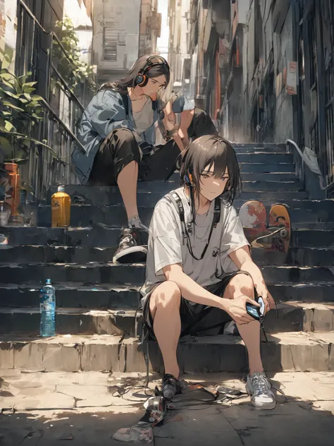 Young Adults、short, A man with straight hair is sitting on the steps and tying his sneaker laces; Calm expression, Modern, Comfortable clothes; Headphones, mobile phone, There was a bottle of water nearby.. There is a skateboard next to him; Urban scenery ...