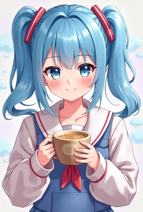 pekora blue hair holding coffee