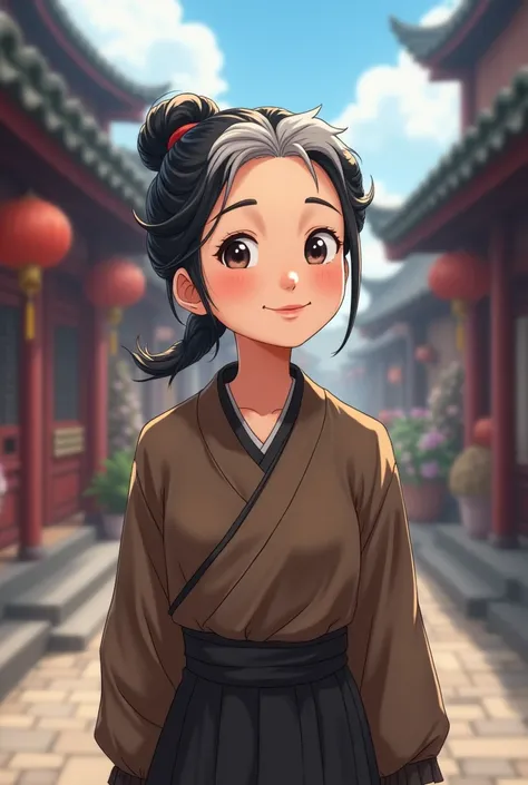 black hair, A small amount of white hair， Song Dynasty, China, on the street，40 years old, old women，smile，brown clothing，Wrinkles on the face，Anime style