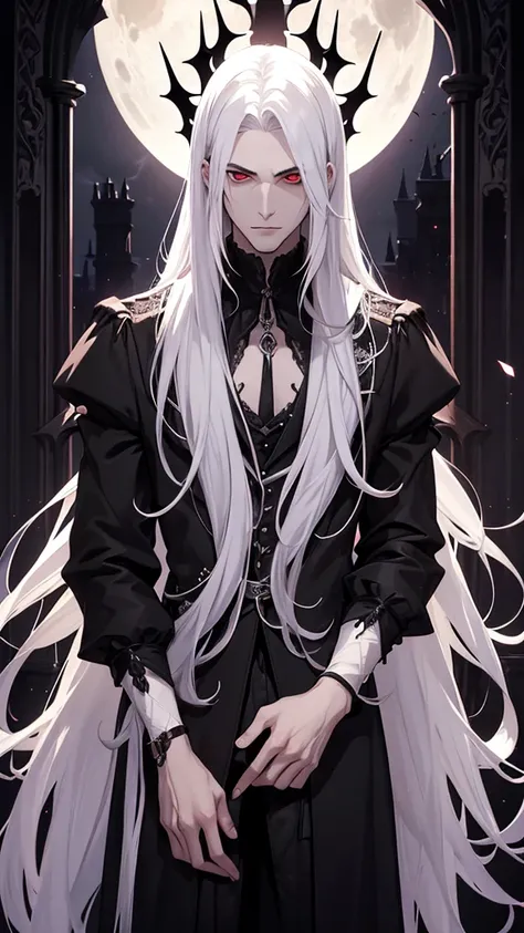 1 tall young man, vampire, long white hair, black doublet, detailed background, gothic castle, high-stemmed glass with blood, red eyes, white moon, black cat, bare chest