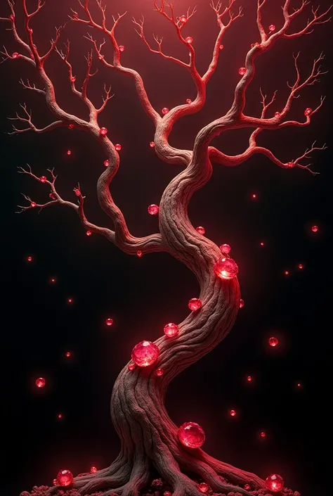 create an image of twisted tree branches, golden brown color. Place many red rubies embedded in the branches. black background, with slight red glow.


