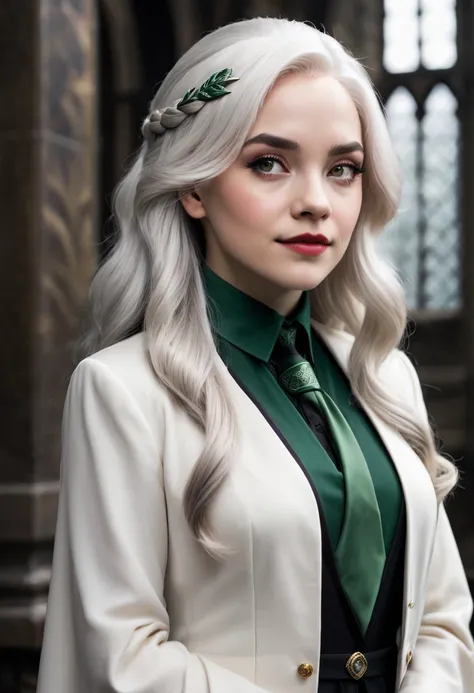 mavis vermilion with white hair in slytherin with a neutral face 