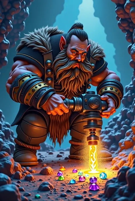 dwarf drilling the ground, precious stones, colorful and shiny, fantasy