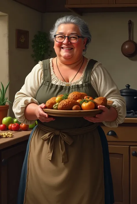 woman big a peasant woman from the 1700s   serving food smile glases