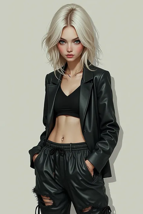 A blonde girl with a baggy leather pants 
