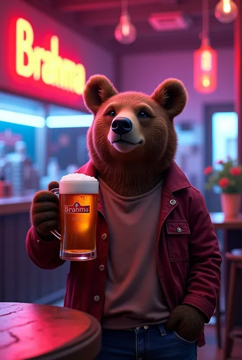 A bear holding a mug of Brahma beer (which has red as its main color) in a bar called "PROVOKE" with neon theme
