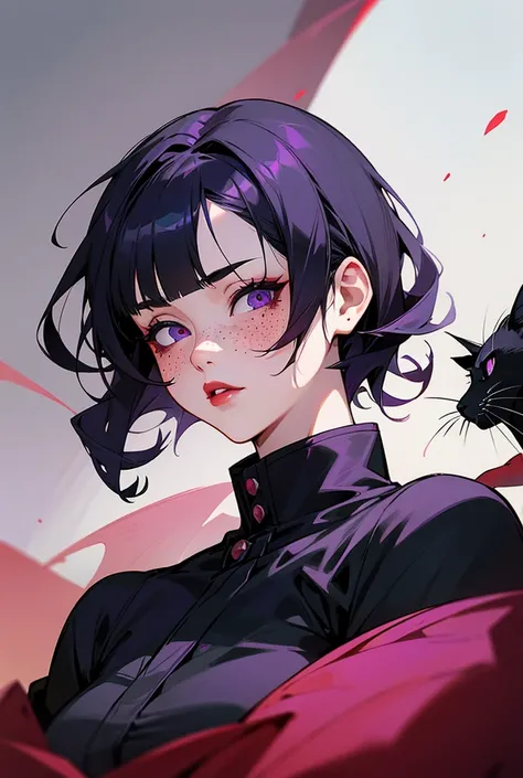 Jujutsu Kaisen Beautiful girl with short curly black hair Purple cat eyes Red lips and cheeks Freckles 