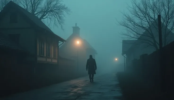 a man walking alone in a small village at night, dense fog, post light, moody atmosphere, photorealistic, 8k, high quality, detailed, atmospheric, realistic, (best quality,4k,8k,highres,masterpiece:1.2),ultra-detailed,(realistic,photorealistic,photo-realis...