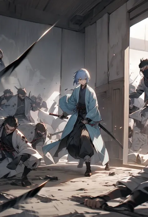 During the fighting at Ikedaya、Samurai wielding a sword indoors。He was wearing a light blue striped haori coat.、He remains calm even when facing the enemy.。In the background, a fierce battle is taking place in a small room.、Fallen enemies scattered around