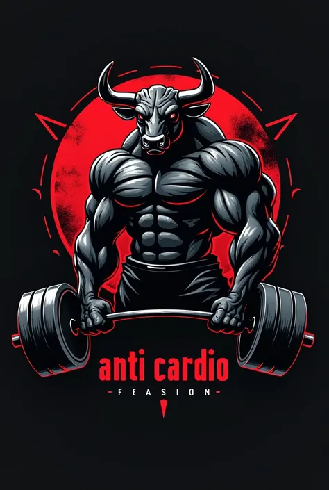 Design a powerful and dynamic logo for an anti cardio brand featuring a strong, muscular bull as the central figure, symbolizing strength, power, and determination. The bull should have well-defined muscles, with a stance that conveys energy and dominance,...