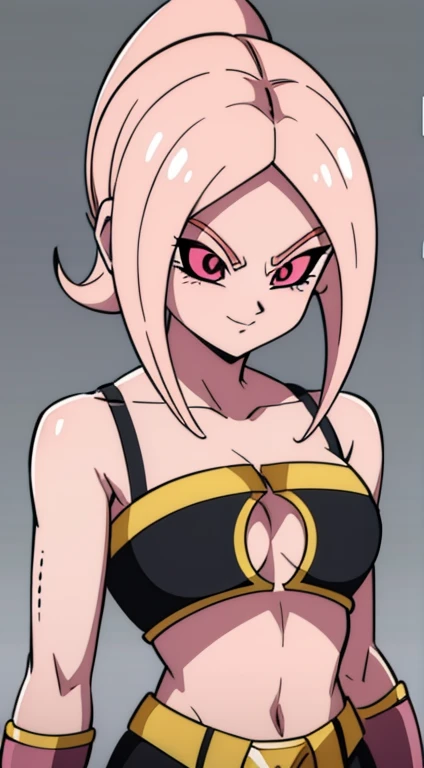 (high-quality, breathtaking),(expressive eyes, perfect face) Symmetrical Eyes, portrait, dragon ball z xenoverse 2, 1girl, female, alien, Majin Race, FMajin, Female Majin Buu, (pink skin:1.1), bubblegum pink skin color, red colored skin, smiling,(black scl...