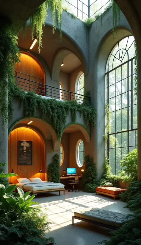 Create a brutalist loft room，Open interior design filled with lush, Hanging vines and moss. Make many different shapes. Add a balcony. Large industrial windows. Make some round windows. Beds. Hang from the vines. Add ferns. Add a computer desk. A cat., cat...