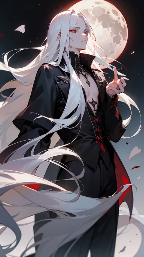 1 tall young man, vampire, long white hair, black doublet, detailed background, gothic castle, high-stemmed glass with blood, red eyes, white moon, black cat, bare chest