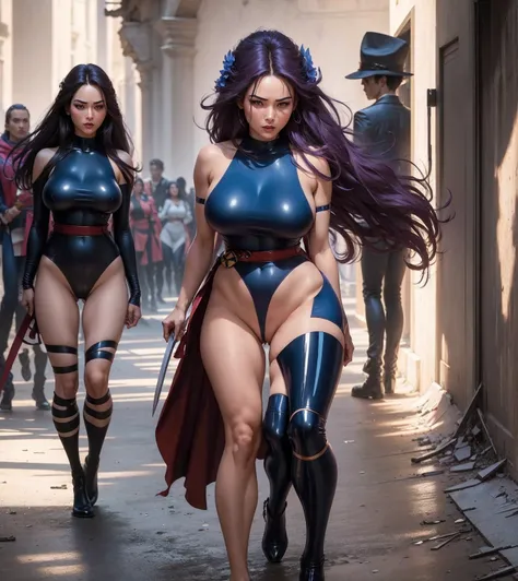 1woman，4，milf，Uma milf ，married woman，psylocke, mellow，plumw，GREAT BREATS, breasts big ,just，（IN A HEAP OF RUINS） she has long brown hair, seen from the front， Long brown hair（（（Masterpiece artwork），（very detailed unity CG 8k wallpaper），best quality，cinema...