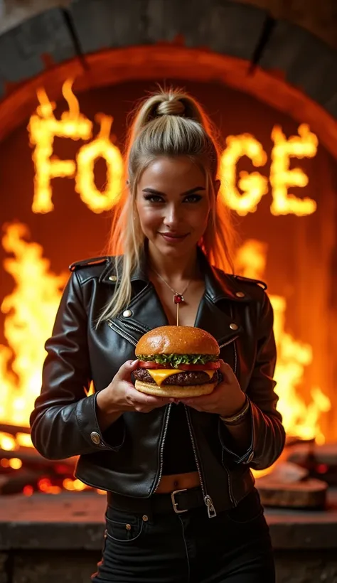 A beautiful   female with an edgy style holding a juicy monster cheese burger and standing in front of a burning forge with the words The Forge in  flames, High Resolution, Looking at viewer, Smile, Best Quality, 