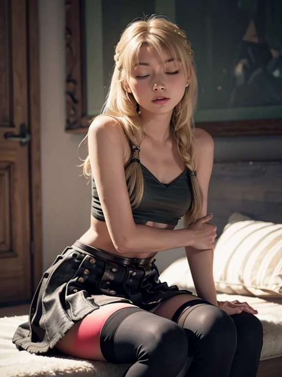 Astrid, open mouth, closed eyes, Skinny body, small bust, mini skirt, black stockings, exposed stomach, sitting, pose sexy