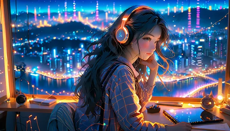 beautiful girl studying in her room while listening to music with headphones、long hair、warm indirect lighting、beautiful cityscap...