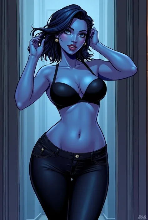 Beautiful female night elf with light blue skin, thin face with slightly pronounced cheeks, curvy body shape, wide hips, large breasts, big curvy thic booty, short black hair. She wear a black jeans and black strapless bra. Shes standing in the hallway in ...