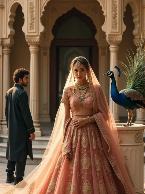 A Rajastani princess outside her palace. She is wearing a rose-gold Lehanga. Her face is hidden behind her veil. There is a peacock in the scene. A man wearing a black Kurta is watching her from the balcony lovingly. The story is themed as a hidden one-sid...