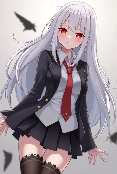 Schoolgirl in a mini skirt, her black panties are visible from under her skirt. The girl has red eyes and white hair.