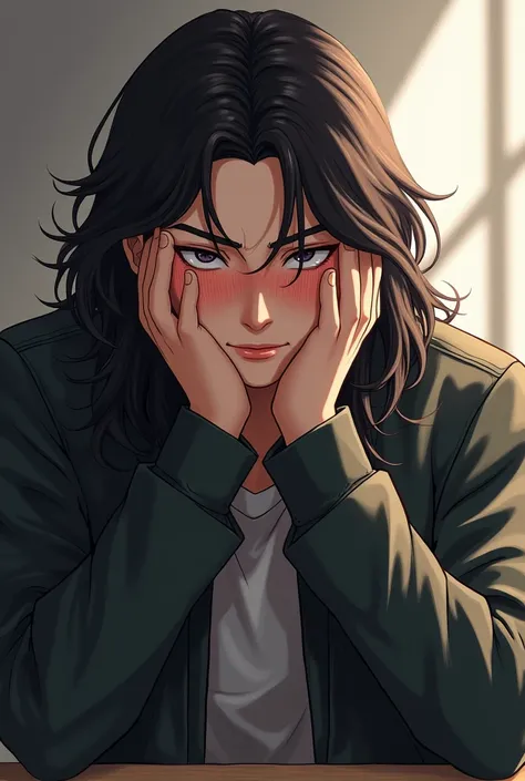 A semi realistic handsome, long haired male student thinking of someone while his hands are covering his face blushing 
