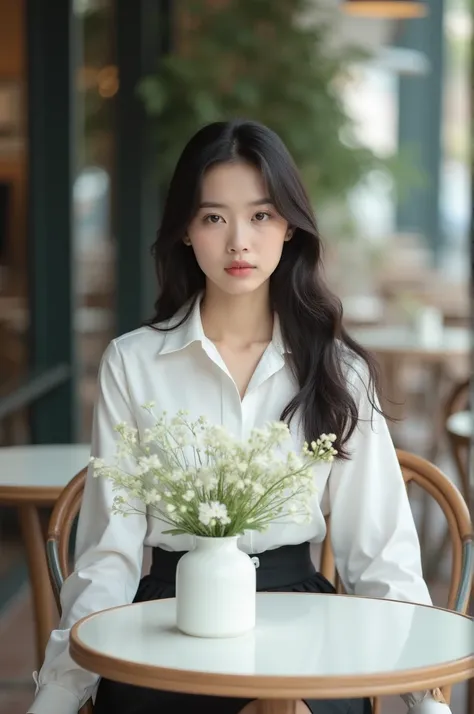 ฝากนักศึกษาอีก 1 ผลงานครับ
prompt คร่าวๆ ลองปรับเพิ่มเติมนะครับ
The image shows a young woman sitting on a black chair in an outdoor cafe or restaurant. She is wearing a white collared shirt and a black skirt. She has long dark hair and is looking directly...