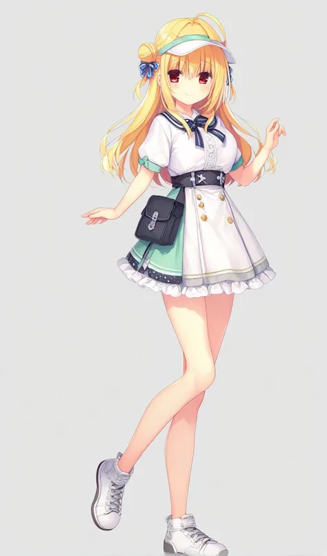 1girl,hiyori-default,red eyes,blonde hair, double bun,ahoge, long hair, Pastel green cropped T-shirt, tennis skirt, white skirt, white sneakers, light colored cap, silver accessories, light material waist pouch, smiling, standing, One person、Uplifting