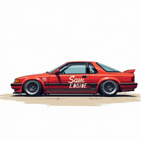 CREATE A LOGO 
A retro-style illustration of a red Honda Civic coupe in a side view, with sporty modifications including custom wheels, lowered suspension, and aerodynamic body kit. The car features decals on the side that read "SAM ENGINE" in bold, styliz...