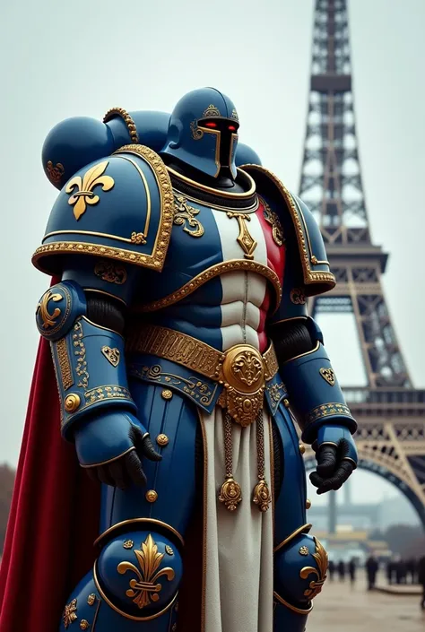 Space Marine de Warhammer 40k, Chapter of France with blue, white and red; fleur-de-lis, eiffel tower in the background