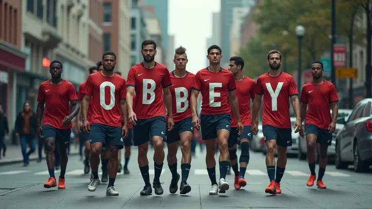 (Typographic illusion, Text illusion, Word illusion, Hidden word image, Camouflaged text, Optical text illusion). A group of football players walking in the street. They create a "hidden word image". the postures of bodies, objects and various details make...