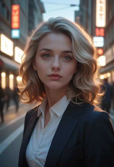 best quality, top quality, 8k, high resolution, ultra-detailed, extremely detailed, realistic, beautiful girl, bright hair, drak eyes, on the street, cinematic, professional lighting, score_9, score_8_up, score_7_up,